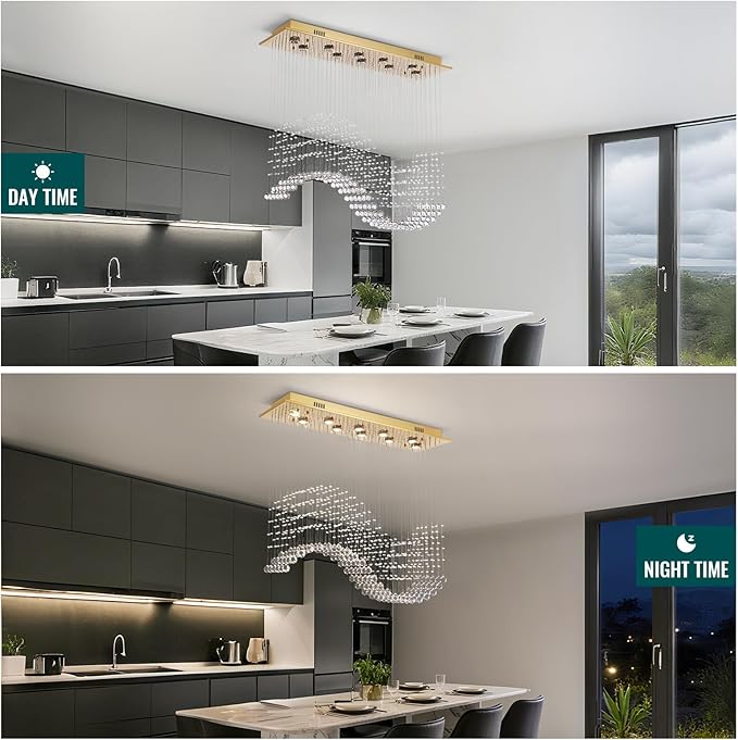 Siljoy Modern Crystal Chandelier 10-Light Rectangular Gold Wave Raindrop Pendant Flush Mount Ceiling Light for Dining Room Living Room Kitchen Island Bar L40'' x W11.8'' x H35.4''