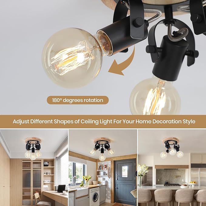 3-Light Round Flush Mount Ceiling Light，Rustic Ceiling Track Lighting with Wooden Base, Adjustable Multi-Directional Kitchen Light fixtures for Dining Room Hallway Entryway Bedroom.