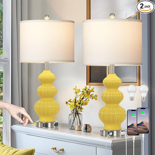Cinyirong 26" Set of 2 Yellow Ceramic Table Lamps with USB A+C Ports & AC Outlet, 3-Way Dimmable Gourd Bedside Nightstand Lamps with White Shade for Bedroom, Living Room, Office