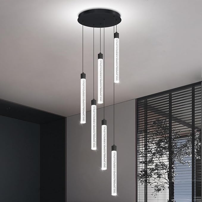 6-Light Black Modern Crystal Spiral Chandelier for Staircase High Ceiling Chandeliers Bubble Crystal Chandelier Lighting Cluster Hanging Light Fixture for Living Room Foyer