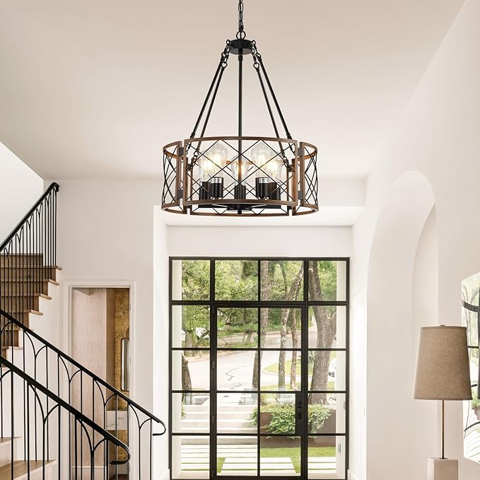 21'' Farmhouse Chandelier, 5-Light Black & Wood Grain Dining Room Light Fixture Over Table, Rustic Industrial Drum Hanging Pendant Lights Fixture for Kitchen Island Bedroom Hallway Foyer Entryway