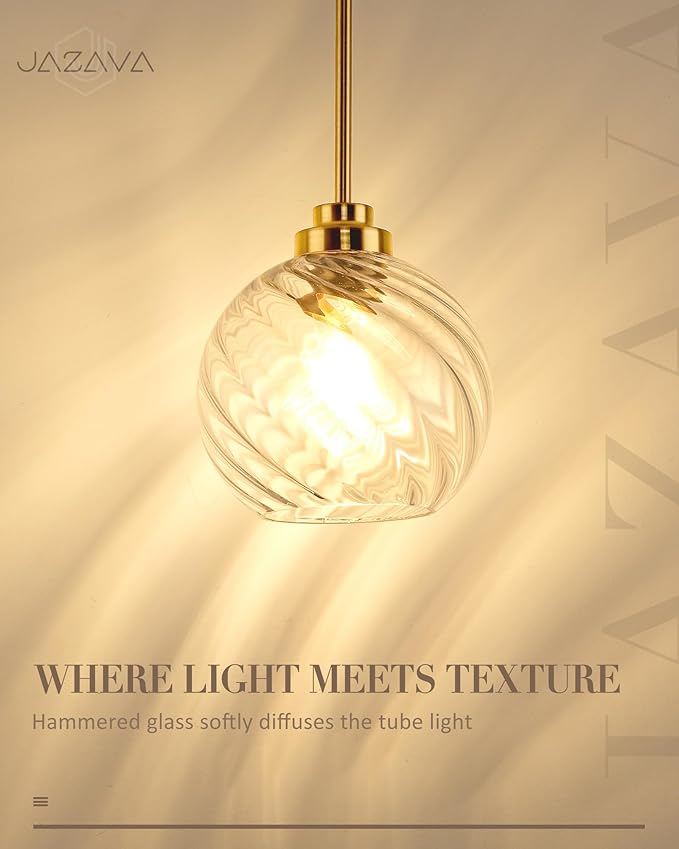 8 Inch Modern Farmhouse Pendant for Kitchen Island, Adjustable Height Hanging Fixture with Ribbed Glass, Gold Finish, Dining Room Entryway - PL101SBG-L