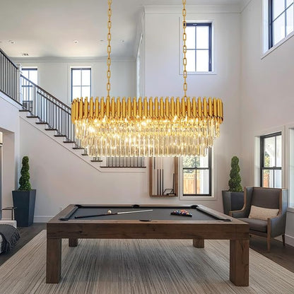 10-Light Modern Gold Crystal Chandelier, Luxury Rectangular Crystal Chandeliers for Dining Room, Kitchen Island, Living Room, Farmhouse Chandelier Lighting