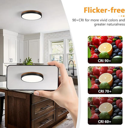 Modern Walnut Wood Black Flush Mount Ceiling Light, 11.81" Round LED Low Profile Close to Ceiling Fixture for Kitchen Bedroom Bathroom Laundry Hallway Entryway Closet Living Room