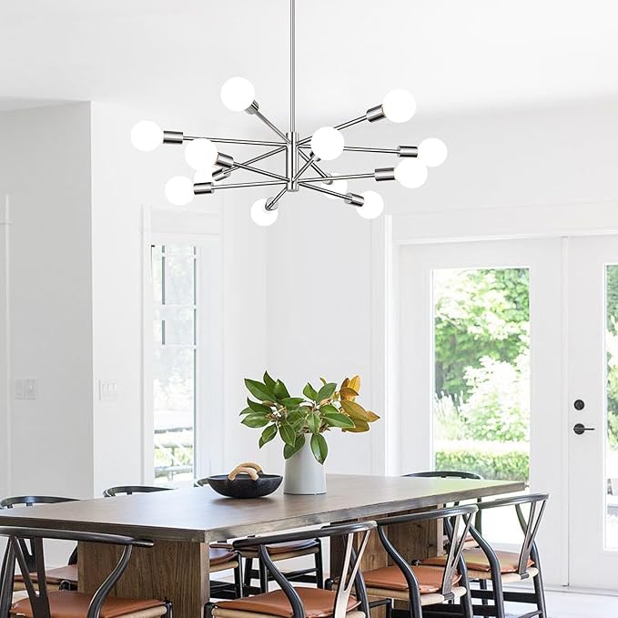 MQMQA 33" Modern Chandelier Ceiling Light Fixture, 12-Light Sputnik Chandeliers Chrome Mid Century Chandelier Over Table, Height Adjustable Chandeliers for Dining Room Living Room Kitchen