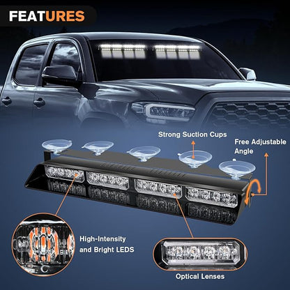 Nilight 32LED White Emergency Dash Strobe Lights with Controller Suction Cups Warning Hazard Interior Front/Rear Windshield Deck Split Light Bar for Trucks Construction Vehicles