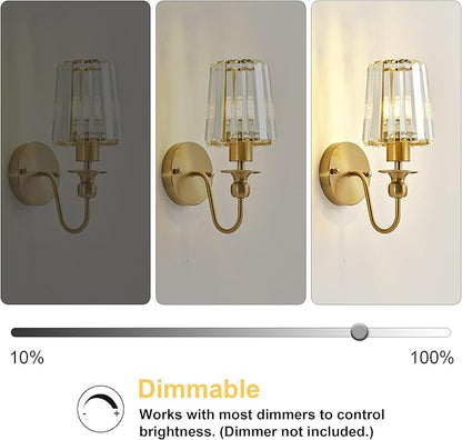 KARTOOSH Hardwired Crystal Wall Sconces Set of Two - Dimmable Wall Light Fixtures 3000K, Warm White, for Hallway, Bathroom, Living Room, Bedroom, Brass, 11.2 Inch