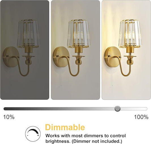KARTOOSH Hardwired Crystal Wall Sconces Set of Two - Dimmable Wall Light Fixtures 3000K, Warm White, for Hallway, Bathroom, Living Room, Bedroom, Brass, 11.2 Inch