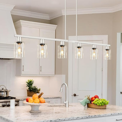 6-Light Kitchen Island Lighting with Glass Shade and Adjustable Rods, Brushed Nickel Dining Room Light Fixture Over Table, Farmhouse Linear Chandelier Pendant Light for Kitchen Living Room