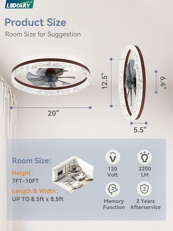 LEDIARY 20" Modern Ceiling Fans with Lights and Remote, Dimmable Low Profile Ceiling Fan, Flush Mount Ceiling Fan, Stepless Color Temperature Change and 6 Speeds - Brown