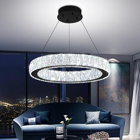 Modern 23.6'' Ring Crystal Chandelier Adjustable LED Ring Pendant Light Dimmable Black Round Crystal Chandelier Light for Dining Room Living Room