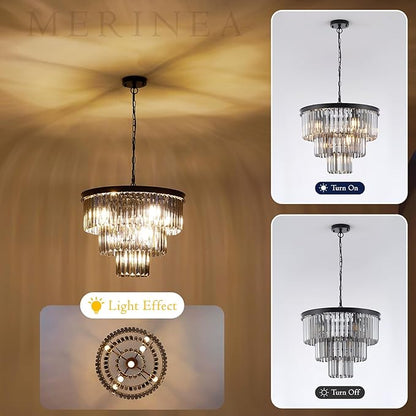 Smoke Gray Crystal Chandeliers Black Round 20" Chandelier Modern 3 Tiers 7-Light Ceiling Pendant Light Fixture Luxury K9 Crystal Lighting for Dining Room Bedroom Kitchen Foyer