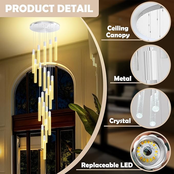 Large 20-Light Silver Crystal Chandelier, Modern Dimmable LED Height Adjustable Pendant Light, Luxury Hanging Fixture for High Ceilings, Foyer, Staircase, Hotel Lobby