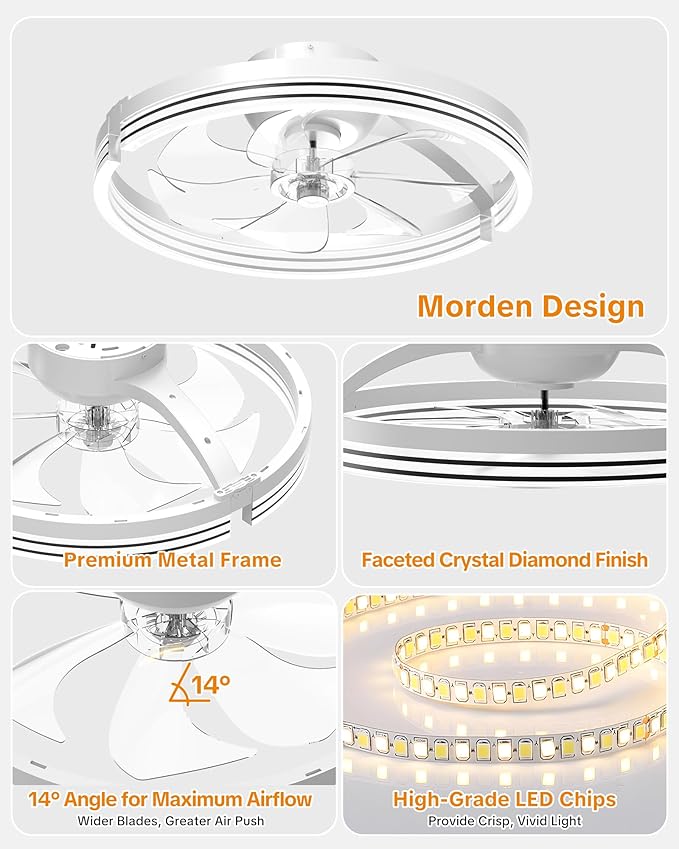 Ceiling Fans with Lights and Remote Low Profile Flush Mount LED Ceiling Fan with Lights 3000K-6500K Dimmable Foldable Fandelier Light 6 Wind Speeds Night Light for Bedroom Living Room White