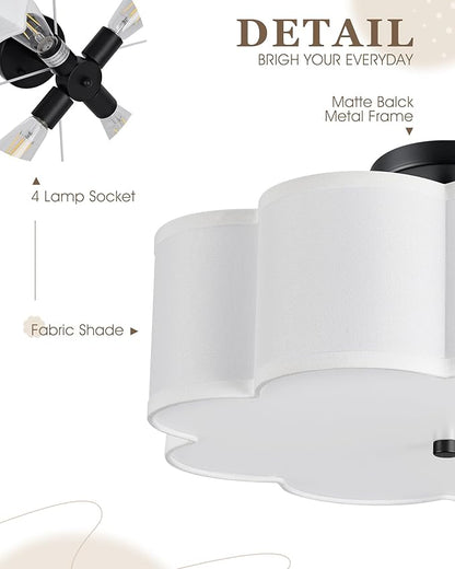 Black Semi Flush Mount Ceiling Lights, 4-Light 18" Ceiling Light Fixtures with Fabric Shade in Flower Shape, Farmhouse Drum Lighting for Nursery Bedroom Kitchen, AD-22009-4SF-BK
