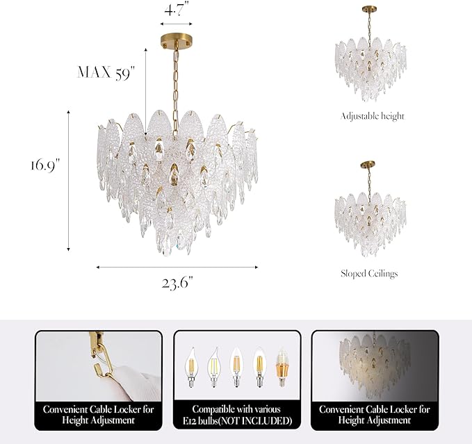 24" Tiered Chandelier, Modern Round 5-Tier Gold Chandeliers for Dining Room,9-Light Tiered Glass Luxury Contemporary Lighting Fixture Kitchen Island,Bedroom,Living RoomL24'' × W24'' × H16''