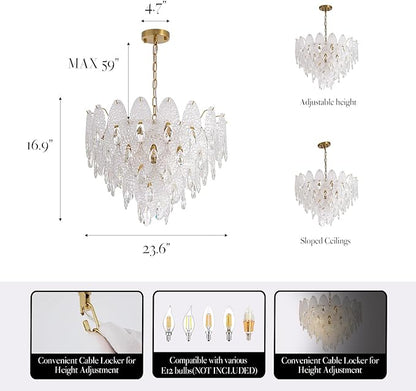 24" Tiered Chandelier, Modern Round 5-Tier Gold Chandeliers for Dining Room,9-Light Tiered Glass Luxury Contemporary Lighting Fixture Kitchen Island,Bedroom,Living RoomL24'' × W24'' × H16''