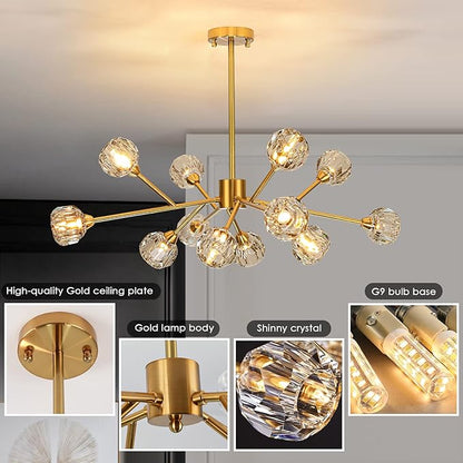 Weesalife Sputnik Chandeliers Modern Crystal Pendant Lighting Gold Chandelier 12 Lights Mid Century Ceiling Light Fixtures for Dining Room Kitchen Island Living Room Bedroom Bar