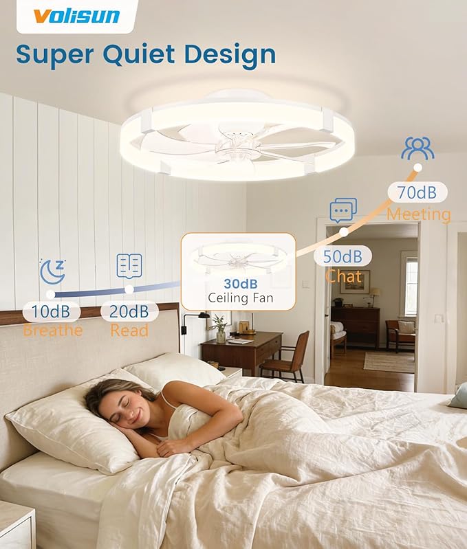 VOLISUN Low Profile Ceiling Fans with Lights and Remote, 23.6in Flush Mount Ceiling Fans with Light, 3000K-6500K Dimmable Fandelier Ceiling Fan, White Bladeless Ceiling Fan for Bedroom