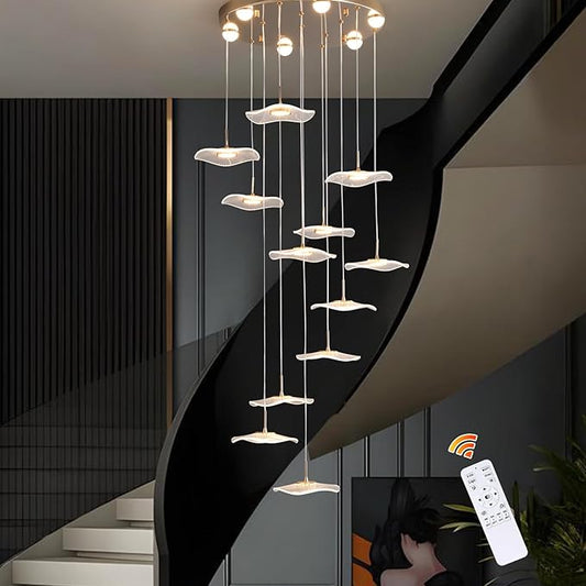GEADI High Ceiling Chandelier,Petal Dimmable Modern LED Pendant Light with Remote Control,12-Light Height Adjustable Foyer Chandelier,Suitable for Staircase,Living Room,Entryway（Gold ）