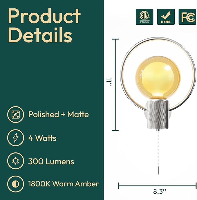 ALAMPEVER Modern Wall Sconce with Pull Chain, Metal Silver Wall Lights with G125 Glass Globe Bulb, Wall Mount Light for Enhancing Indoor Ambience in Bedroom, Living Room, and Hallway, 1 Pack