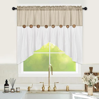 FRAMICS Farmhouse Swag Curtain, Boho Cotton Linen Valance Curtain, Rustic Button Window Valance for Kitchen, Country Rod Pocket Valances for Windows Bathroom Bedroom, Linen and White, 52 x 36 Inch