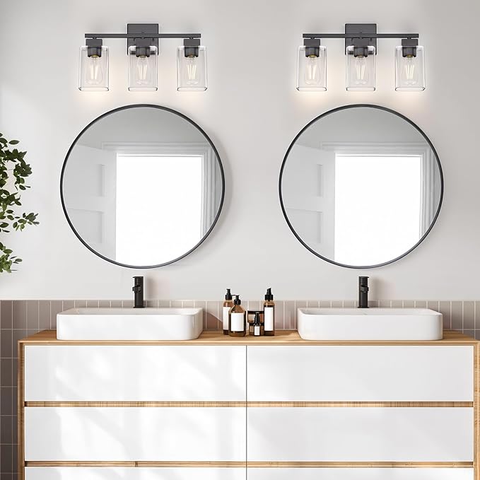 Matte Black Bathroom Vanity Light, 3-Light Vanity Lighting fixtures Over Mirror, Square Design & UL Certification, Wall Sconces with Clear Glass Shades, E26 Socket (Bulbs Not Included)