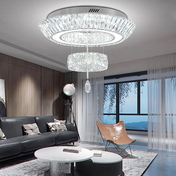 24inch Led Ring Crystal Chandelier,Modern Luxury Crystal Chandelier for Dining Living Room 2-Tier Crystal Raindrop Chandeliers Lighting Dimmable LED 3000-6000K