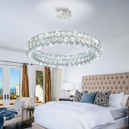 Modern Ring Chandelier, Crystal Chandeliers for Dining Room Round LED Ceiling Light Fixture for Living Room Bedroom Lighting Dimmable with Remote Ring Lights, 24inch Width Light