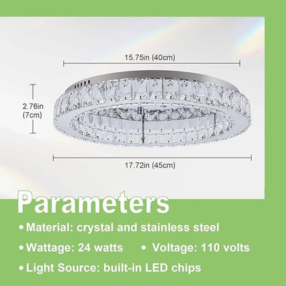 HOPGGIE 18" Crystal Chandelier LED Modern Chandelier Light Round Ring Flush Mount Ceiling Light Fixtures for Living Room Bedroom Dining Room (Cool White)