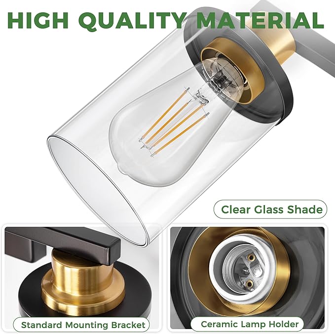 DORESshop Bathroom Light Fixtures, 4-Light Black and Gold Bathroom Vanity Light Over Mirror with Clear Glass Shade, Vanity Lights for Hallway Living Room Bedroom