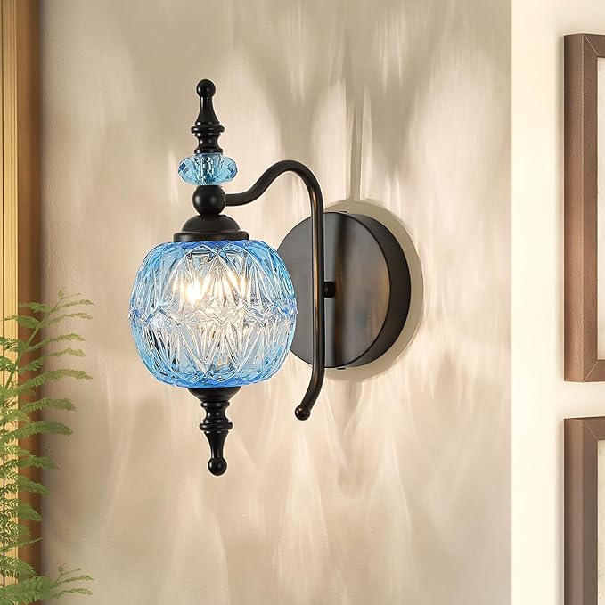 Vintage Wall Sconces with Black Finish Bathroom Blue Wall Light Fixtures with Crystal Glass Shade for Bedroom Living Room Kitchen Hallway