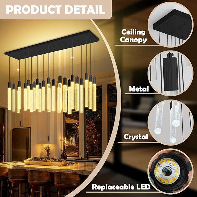 24-Light Rectangular Crystal Chandelier, Large Black Bubble Crystal Column Pendant Light, Adjustable Height Hanging Chandeliers for Kitchen Island, Living Room, Foyer