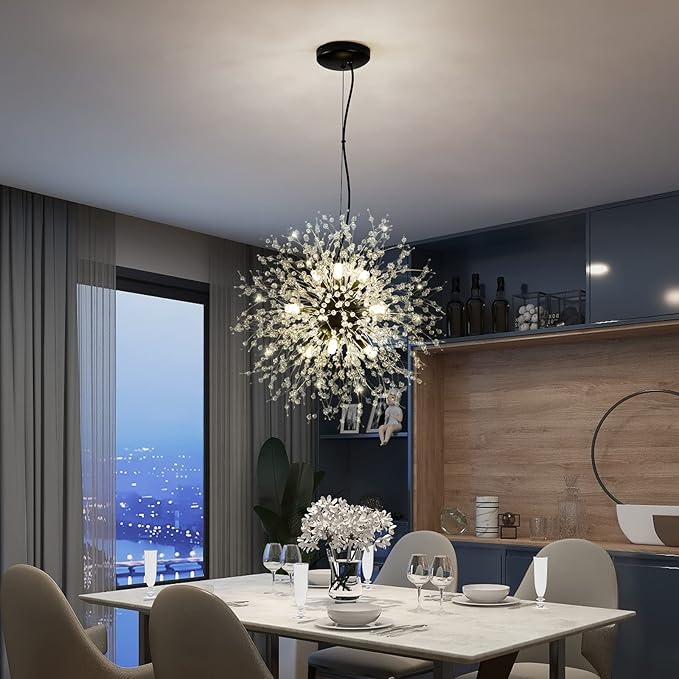 CM MZY Modern Crystal Chandeliers Firework, 9-Light Black Dandelion Sputnik Ceiling Light Fixtures, Sputnik Chandelier Pendant Light for Bedroom Living Room Dining Room Kitchen Island Hallway