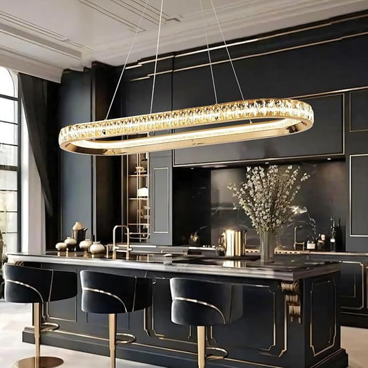 Gold Modern Chandelier Led Crystal Chandelier Light Fixture Dimmable Modern Led Pendant Light for Kitchen Island Lighting Linear Chandelier with Remote 3000K-6500K