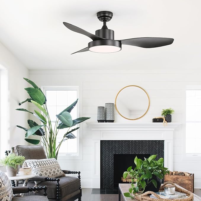 Sofucor 48 Inch Ceiling Fan with Lights Flush Mount Modern Outdoor Ceiling Fans with Remote,3 CCT Dimmable Quiet DC Motor & Timer for Patio/Bedroom/Farmhouse/Indoor (Black, 48 Inch/Remote Control)