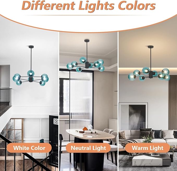 KCO Lighting Modern 8-Lights Blue Glass Sputnik Chandelier Mid-Century Matte Black Globe Flush Mount Chandelier Industrial Large Glass Ball Sputnik Chandelier Pendant Lamp (Black+Blue)