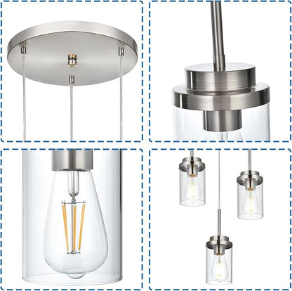 MELUCEE 3-Light Hanging Chandelier Light for Dining Room in Brushed Nickel, Modern Kitchen Island Pendant Lighting Adjustable Hanging Ceiling Lamp with Clear Glass Shade