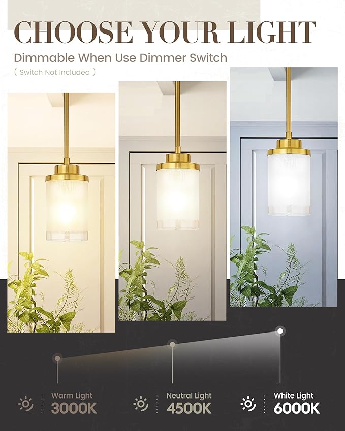 TENGXIN Modern Pendant Light for Kitchen Island, 6 Inch Brushed Gold Hanging Ceiling Light Fixture,Farmhouse Pendant Lighting for Dining Room Bedroom Bar Office 2Pack,TXPLBG01-2PK-L