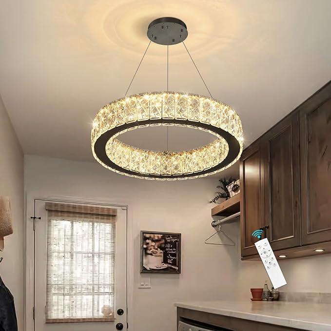 Modern Crystal Chandelier 15W LED Dimmable Lighting Fixture Adjustable Round Pendant Light for Dining Room Living Room Kitchen Bedroom Black