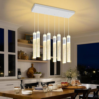 8-Lights Silver Hanging Pendant Light for Kitchen Island Modern Dimmable LED Crystal Chandeliers for Dining Room Bedroom Living Room Over Table Adjustable Height