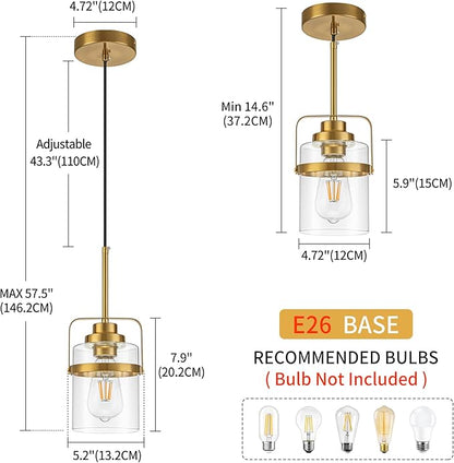 Modern Brass Pendant Lights Kitchen Island Light, Adjustable Hanging Light Fixture with Clear Glass Shade, Farmhouse Pendant Light for Dining Room Bar Over Sink/Table/Counter, 2 Pack
