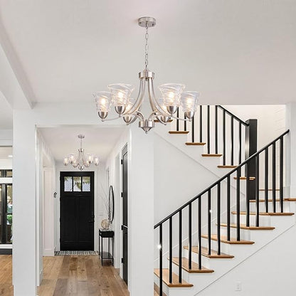 Modern Brushed Nickel Farmhouse Chandelier 6 Light Silver Chandeliers for Dining Room Adjustable Height Hanging Light Fixture with Clear Glass Shade,Pendant Light Fixture for Living Room Hallway Foyer