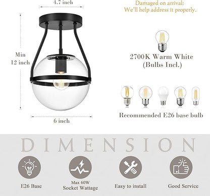 Bagood 6" Globe Semi Flush Mount Ceiling Light Fixture Modern Black Semi Flush Mount Ceiling Light Mid Century Ceiling Light With Clear Glass Shade Matte Black Finish for Hallway Bathroom (Bulb Incl.)