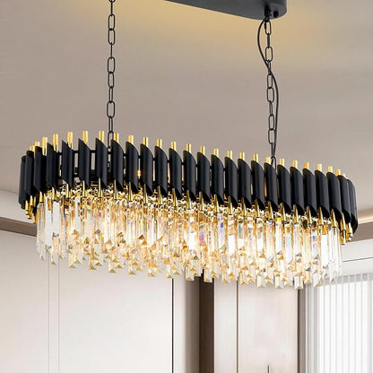 L33 Black and Gold Crystal Chandelier Large 8 Light 3-Tier K9 Crystal Raindrop Chandelier Flush Mount Ceiling Light Fixture for for Dining Room Kitchen Island