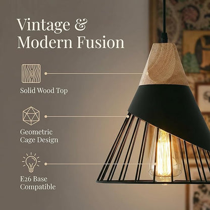 Black Farmhouse Wooden Pendant Light,Rustic Wood & Metal Pendant Lighting, Adjustable Height Hanging Ceiling Light Fixture for Kitchen Island Dining Room Bedroom Hallway