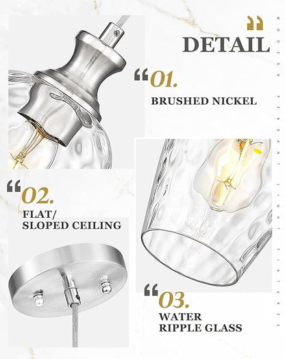 Pendant Lights Kitchen Island, Modern Brushed Nickel Hanging Lights Fixtures with Hand-Blown Hammered Clear Glass, Farmhouse Kitchen Island Lighting Over Sink, AD-24027-1P-SN