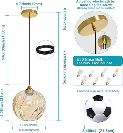 Amber Glass Gold Pendant Light, Farmhouse Kitchen Island Pendant Light Fixture Circular Shade, Adjustable Vintage Hanging Ceiling Light for Dining Room Corridor 1 Pack, UL Certification