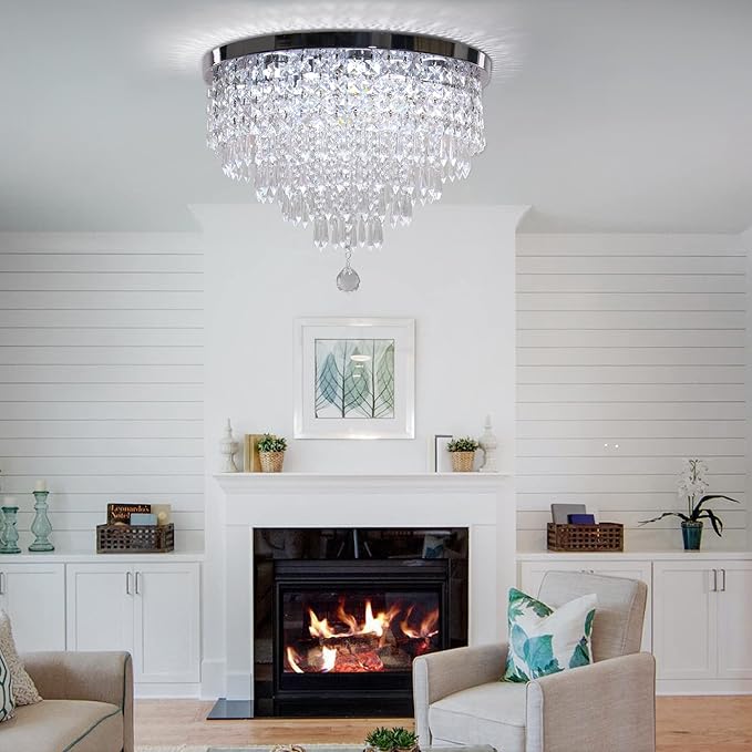 Modern 19.7" Crystal LED Ceiling Light with Remote Control, Flush Mount Chandelier, Dimmable & 3 CCT, 5-Tier K9 Crystal, Chrome Finish for Living Room Bedroom Dining Room