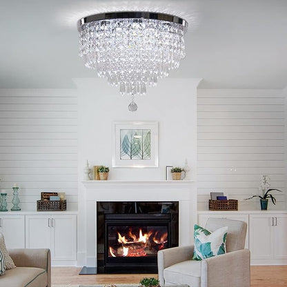 Modern 19.7" Crystal LED Ceiling Light with Remote Control, Flush Mount Chandelier, Dimmable & 3 CCT, 5-Tier K9 Crystal, Chrome Finish for Living Room Bedroom Dining Room